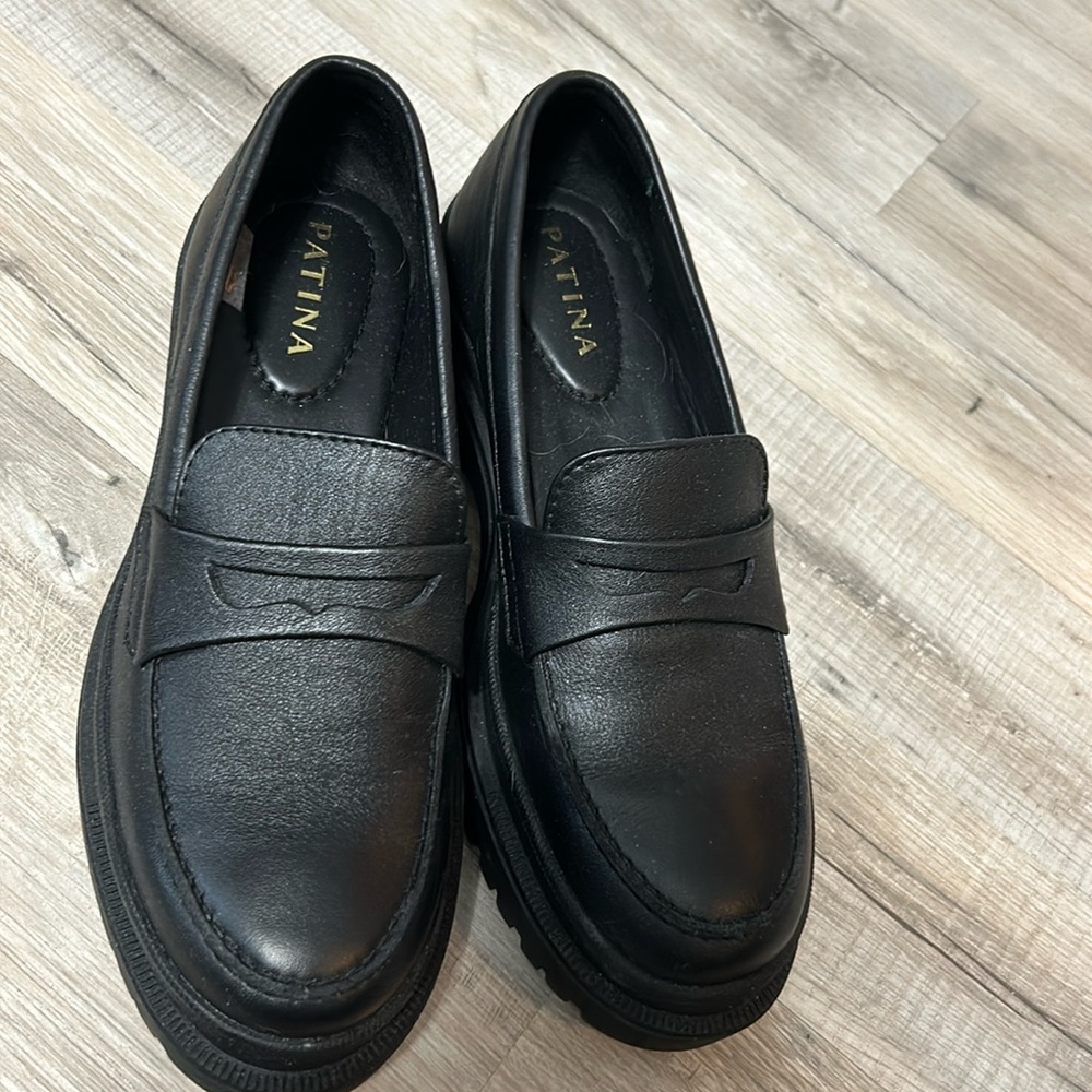 Patina leather lug sole loafers